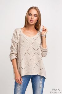 Beżowy Sweter w Ażurowe Romby