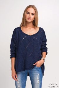 Granatowy Sweter w Ażurowe Romby