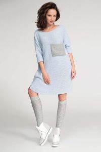 Długi Błękitny Sweter Tunika z Kieszenią