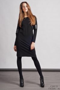 Czarna Sukienka z Kieszeniami i Eco-Skórą